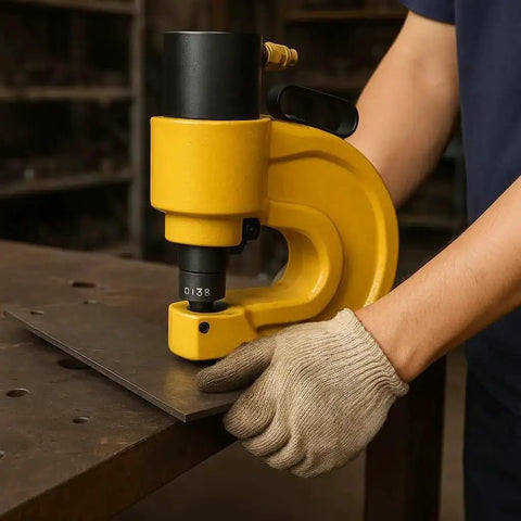 Person using 30 Piece Hydraulic Hole Punch Die Set For CH70 And CH70L with heavy-duty chrome steel dies on metal sheet.