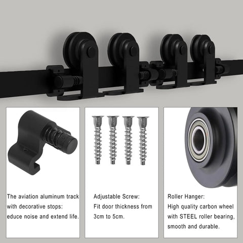 9Ft Sliding Barn Door Hardware Kit For Double Doors, black top mount track system, quiet rollers, heavy duty carbon steel
