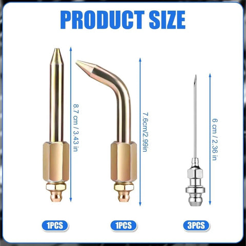 Grease Gun Accessory Kit 5-Piece Set With Straight And Bent Needle Nozzles, 3 Needle Tips, showing product dimensions.