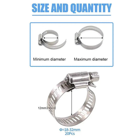 Heavy Duty 20 Pcs 304 Stainless Steel Adjustable Hose Clamps Range 18-32 Mm with Durable 12 Mm Band Width shown in different sizes.