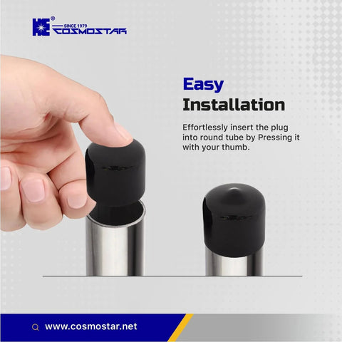 Hand installing 1 Inch Round Rubber Hole Plugs End Caps For Metal Tubing Fences And Furniture Legs Durable Black Floor Protection