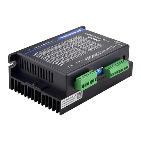 High Performance DM860T CNC Digital Stepper Motor Driver for Nema 34 and Nema 42 motors, shown with green connectors