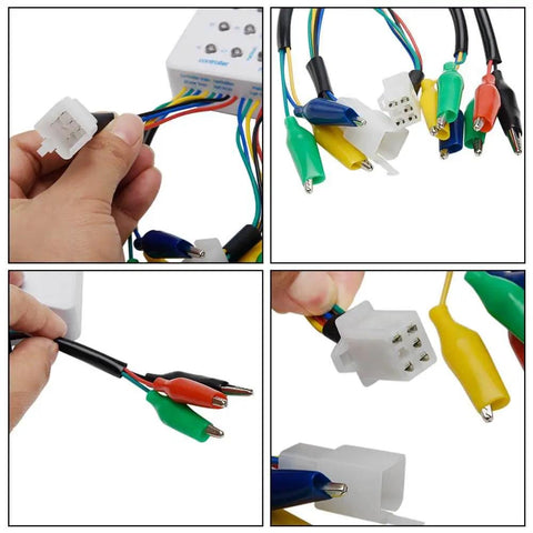 Brushless Motor And Controller Tester For E Bikes And Electric Scooters 24V 36V 48V 60V 72V Quick Coil And Phase Sequence Check ABC Or Abc And 60 Or 120 Degree Phase Angle For Fast Diagnostics White with colorful wires and connectors
