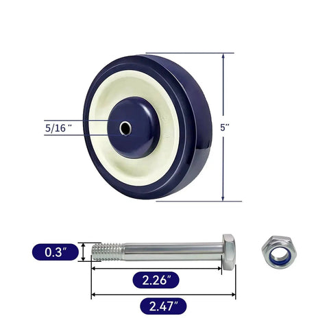 Five Inch Polyurethane Wheel With Five Sixteenth Inch Bore For Shopping Carts Navy Beige Color 1400 Lbs Load Capacity Dual Ball Bearings