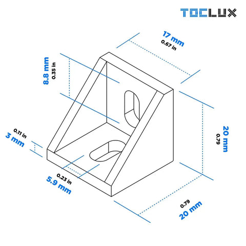 Black 2020 Corner Bracket Kit for 2020 and 2040 Aluminum Extrusion Rail diagram showing 17mm x 20mm bracket dimensions