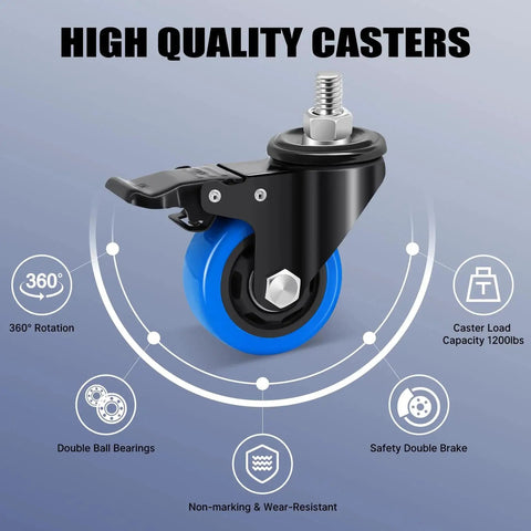 3 Inch Heavy Duty Stem Caster Wheels Set Of 4 With 1/2-13 Threaded Stem And 1 Inch Stem Length Swivel Casters Featuring Safety Dual Locking Wheels