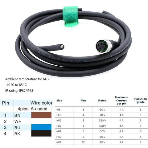 Industrial Grade M12 A Coded 4 Pin Female Shielded Cable for Actuator Sensor Encoder to Bare Wire Leads with spec table