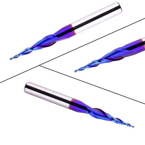 Pro Grade Ball Nose CNC Router Bit For Wood Carving And Engraving, 1/4 Inch Shank, side view of blue spiral end mill