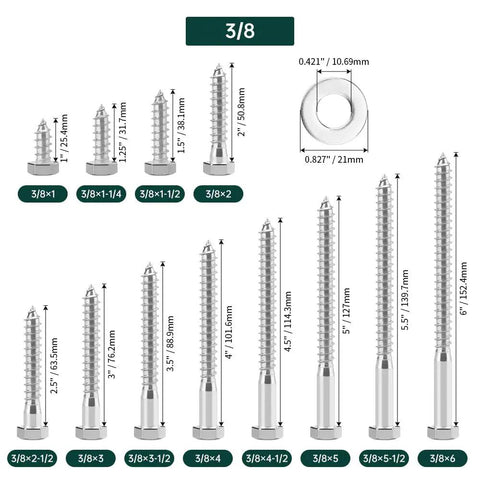 Different sizes of Beefy Heavy Duty 3/8 By 1-1/4 Inch Lag Screws With Flat Washers In 304 Stainless Steel 18/8 For Decks And Wood Projects