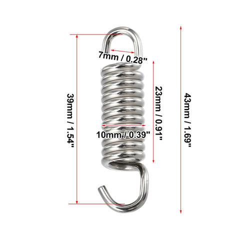 Stainless steel exhaust pipe spring with hooked ends; 43mm length, 39mm body, 10mm coil diameter, 7mm inner width.