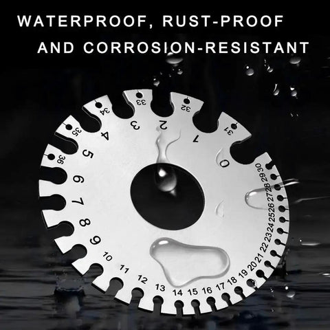 Close-up of round stainless steel thickness gauge with water droplets, showing waterproof and rust-resistant features.