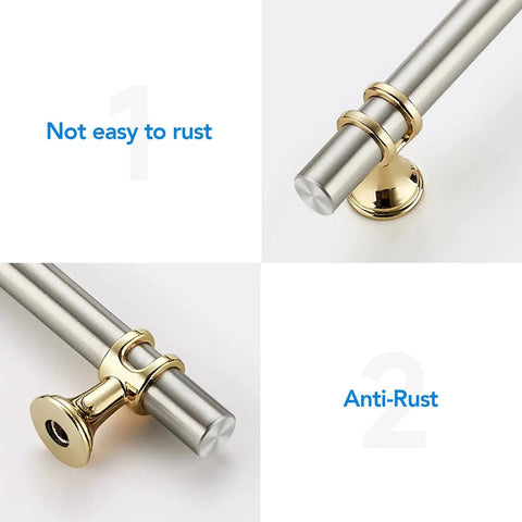 Close-up of brushed nickel and brushed brass cabinet knobs and handles, single hole modern T-bar drawer pulls, focus on rust resistance.