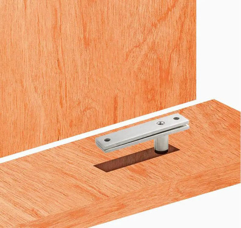 Heavy Duty Hidden Door Hinge Stainless Steel Pivot For Secret Bookshelf And Wood Doors 360 Degree Rotation Invisible Pivot Door Hardware Surface Mount Installation Corrosion Resistant And Easy To Install installed on wood door close-up