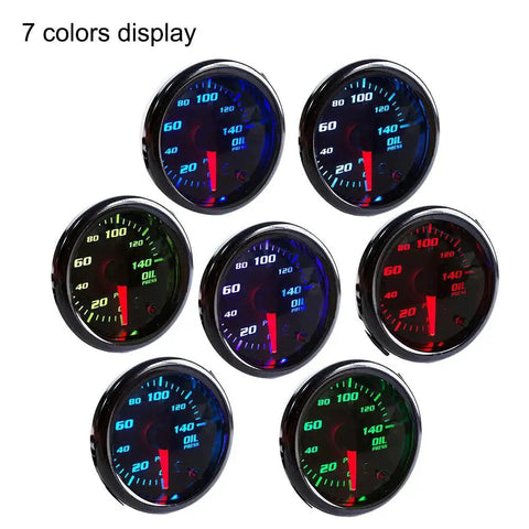 2 Inch Oil Pressure Gauge With Sensor For Cars 52mm Digital LED Display 0-140 PSI showing seven color options.