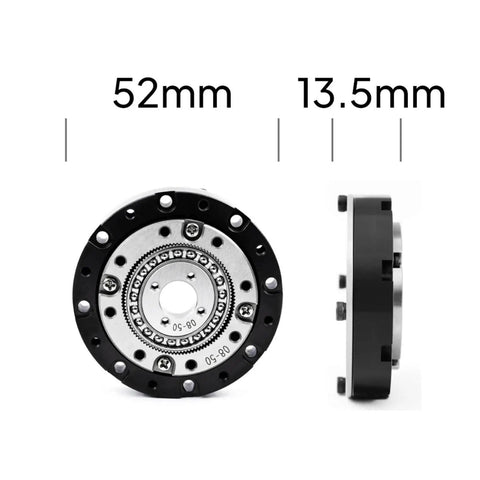 Small Hollow Nema 14 Servo Motor Gearbox With Strain Wave Harmonic Drive 52mm 50 To 1 Speed Reducer For Robot Actuators, front and side view