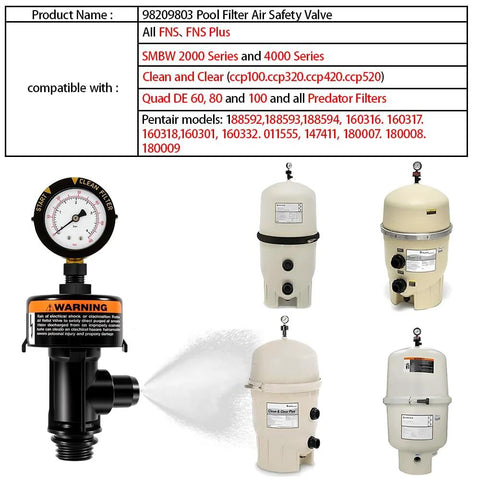 Katikies pool filter air relief valve with gauge ARF-2; black valve beside beige pool filter housings.