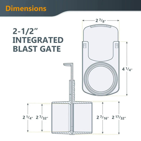 Technical diagram of Two And A Half Inch Blast Gate For Dust Collection Heavy Duty Tapered ABS Fitting With dimensions.