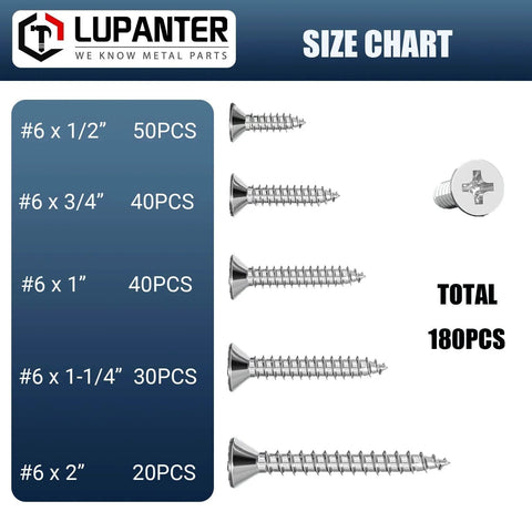 Diagram showing 180-Piece Stainless Steel Wood Screws Set With Flat Head And Phillips Drive Includes 6 x 1/2, 6 x 3/4, 6 x 1, 6 x 1-1/4, and 6 x 2 inch sizes for decks and furniture