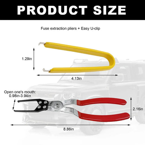 2-Piece Relay And Fuse Removal Tool Set with yellow fuse puller and red-handled relay pliers, size dimensions in inches.