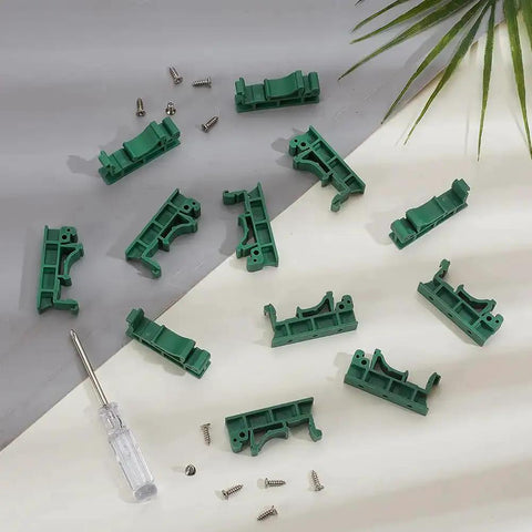 Heavy Duty 20 Pack C45 DIN Rail PCB Mounting Bracket Clips in green, screws and screwdriver included, suitable for 35mm or 15mm rails.
