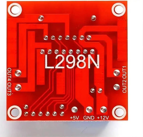 Back view of Two Pack L298N Motor Driver Controller Board Dual H Bridge Module for Arduino, Raspberry Pi, red circuit board, connectors