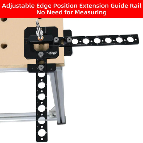 Go-To Precision 20mm Bench Dog Hole Drill Guide And Template with extension guide rail on a workbench