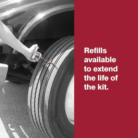 Truck Tire Deluxe Repair Kit With 30 Eight Inch Patches being used on a commercial truck tire; shows insertion tool in action.