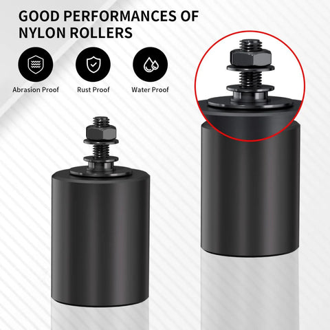 2 Inch Black Heavy Duty Beefy Sliding Gate Rollers Set 2 Pack With L Rear Post Bracket, shown with nylon roller features.
