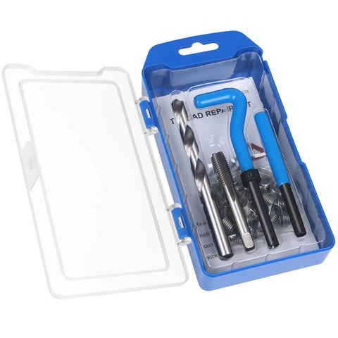 30 Piece SAE Thread Repair Kit With HSS Drill Bit And Helicoil Style Wire Thread Inserts For Internal Thread Repair Of Stripped Holes In Metal in blue storage case