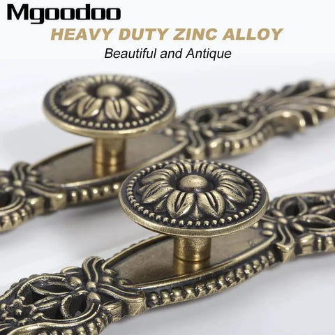 Vintage Cabinet Pulls Set of 5 in Antique Bronze With 3.7 Inch Hole Spacing, heavy-duty zinc alloy design with detailed flower pattern