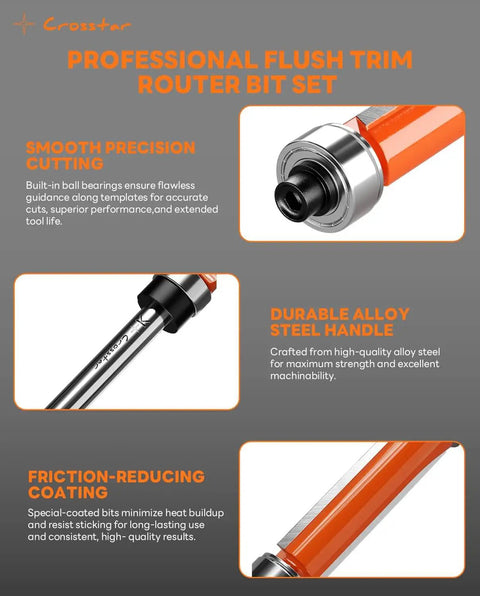 Flush Trim Router Bit Set Four Piece One Quarter Inch Shank Top And Bottom Bearing Carbide Template Guide Bits For Woodworking Cutting Lengths From Three Quarters Inch To One And A Half Inch Wrenches And Bearings Included with smooth precision cutting, durable alloy steel handle, and friction-reducing coating.
