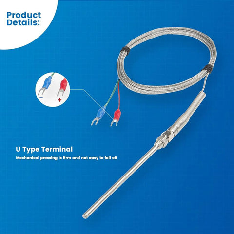 CGELE K-Type thermocouple temperature sensor with 100 mm stainless steel probe, 2 m braided cable, U-type terminal, red/blue leads