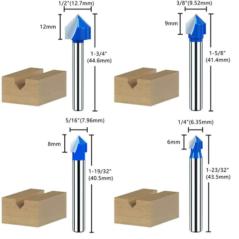 8 Piece 90 Degree V Groove Router Bit Set with solid carbide double flute for CNC engraving and woodworking, shank size 1/4 inch
