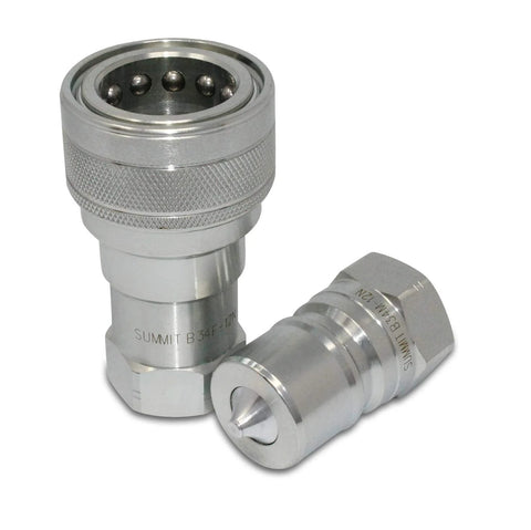 Summit Hydraulics 3/4 in NPT ISO 7241-B quick disconnect hydraulic coupling set, two-piece, silver with knurled grip