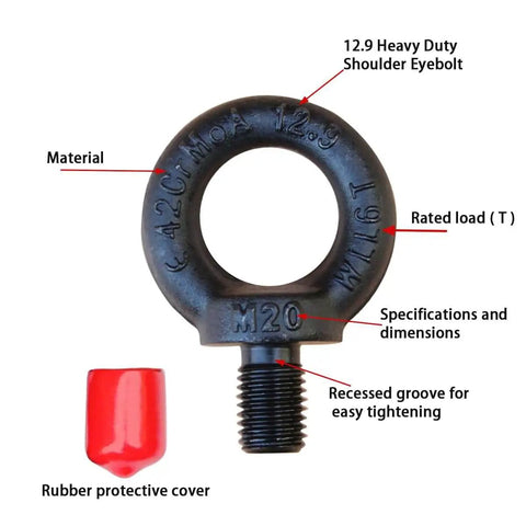 12.9 Heavy Duty Lifting Eyebolt For Trucks And Trailers Beefy 6 Ton Working Load Limit Thirteen Sixteenth Inch Eye Industrial Grade Forged Steel DIN580 M20 Size For Towing And Pulling Point 42CrMo Alloy Steel Forged Hardware with red rubber cover visible