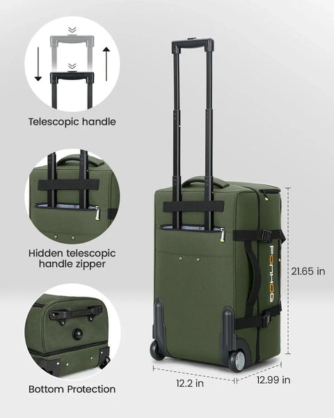 Back view of green 21-Inch Rolling Duffle Bag with Wheels, showing telescopic handle, bottom protection, and hidden zipper design.