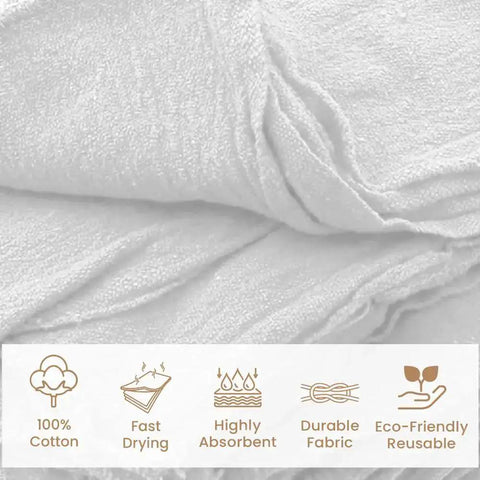 Close-up of white 100% cotton towels, showing texture and absorbency properties, part of pack of 50 cotton shop towels, 13x14 inches.