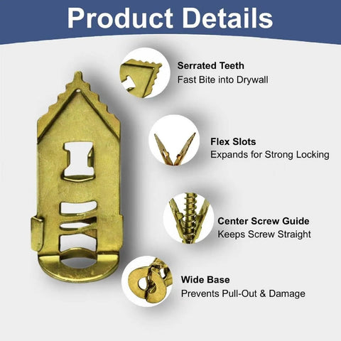 Close-up of serrated zinc-plated drywall anchor showing design features for the 120 Piece Self Drilling Drywall Anchors With Screws Kit In Zinc Plated Steel For Fast No Drill Wall Mounts Easy DIY Install No Pre Drill Or Holes In Wall Expansion Anchors For Shelves Mirrors Curtain Rods And Picture Frames.