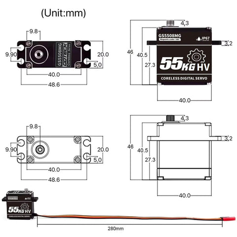 55Kg Coreless Digital Servo With Waterproof Design, 8.4V High Torque Metal Gear for RC Crawler dimension diagram