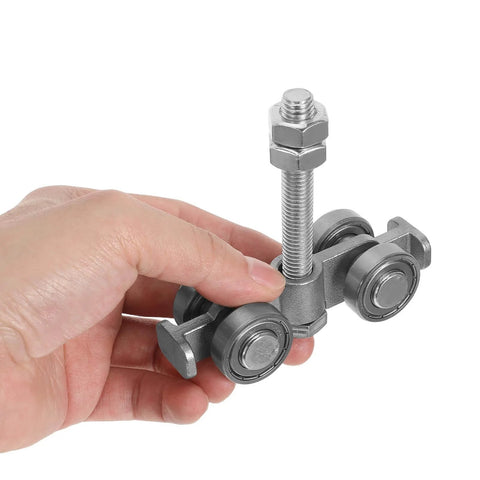 Heavy Duty Steel Sliding Door Track Roller With Quiet Gliding Wheels For Indoor Room Partitions And Office Decor Near Silent Operation And Dead Quiet Performance With Super Strong Load Bearing For Bedrooms Libraries And High Traffic Spaces shown close-up in hand