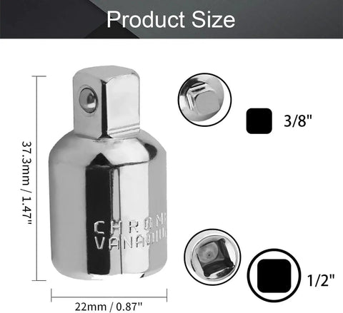 Chrome-vanadium steel impact socket adapter, 1/2 in female to 3/8 in male, for ratchet wrenches.
