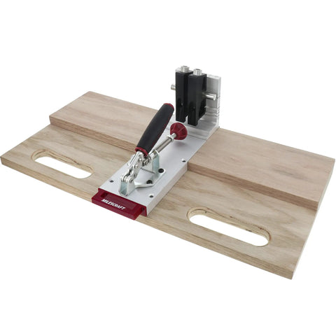Pocket Hole Jig 400 Self Clamping Kit With Adjustable Bushing Blocks on wooden work surface, steel toggle clamp visible