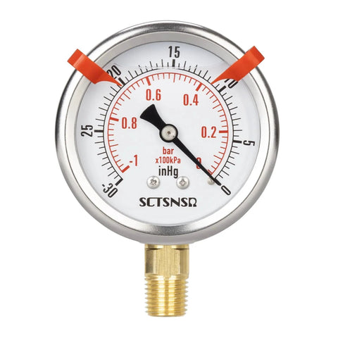 Vacuum Pressure Gauge For HVAC Pros Glycerin Filled Minus Thirty InHg To Zero, 2.5 Inch Dial, Lower Mount, Brass Stainless