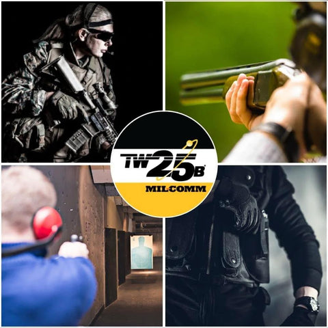 MIL-COMM TW25B gun grease lubricant logo at center; four tactical scenes with soldiers and firearms.