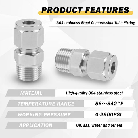 Front view of 304 stainless steel compression tube fitting adapter, 1/8" NPT male x 6mm tube OD, double ferrules, 2 pcs