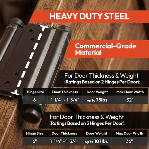 Heavy Duty 6 Inch Double Action Swinging Door Hinges For Saloon And Cafe Bar Doorways Commercial Grade With Adjustable Tension For High Traffic Use Gloss Black Finish 1 Unit displayed on a wooden door showing size and weight capacity information.