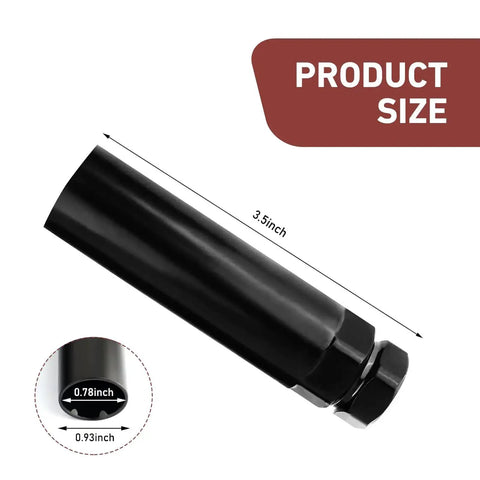 6 Spline Lug Nut Socket Fits 13/16 Inch And 3/4 Inch Lug Nuts, black, shown with size dimensions of 3.5 inches length, 0.78 inch ID, 0.93 inch OD