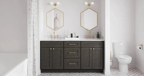 Modern bathroom with dual sinks, dark cabinetry, hexagonal mirrors, and Sedona Bar Pull Satin Nickel 96 Mm Center To Center Four And Three Quarters Inch Length With Durable Satin Nickel Finish And Smooth Bar Design Ideal For Kitchen Cabinets Bathrooms Closets And Furniture.