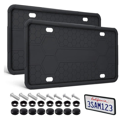 Silicone License Plate Frame 2 Pack For Cars And SUVs, Universal Black Plate Holder, Rustproof Weatherproof design with bolts