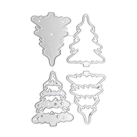 4 Piece Christmas Tree Metal Die Cutting Set For Scrapbooking And Card Making, Silver Carbon Steel Stencil Dies Displayed